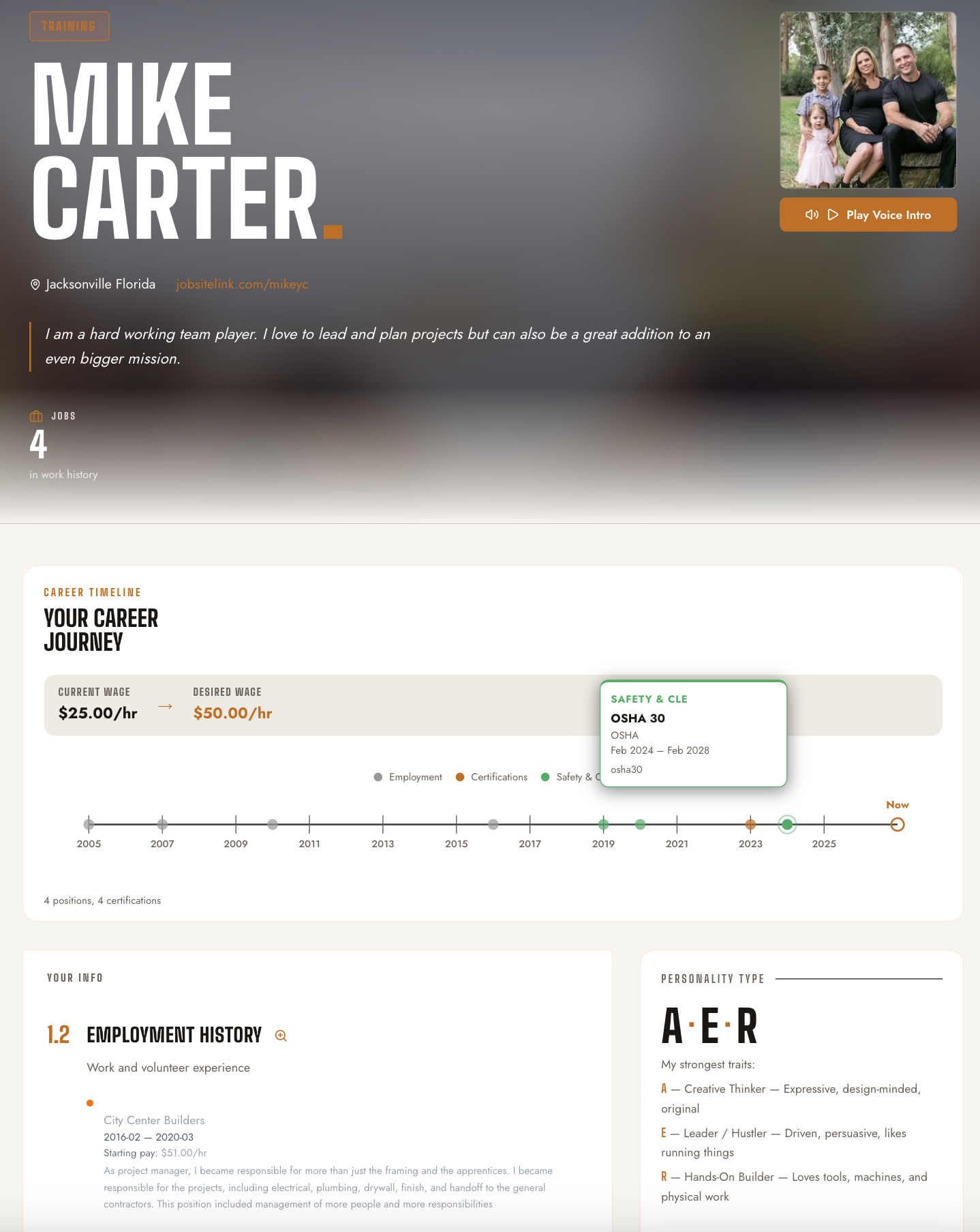 Candidate profile screen showing a professional introduction, career journey, work history, and personality type