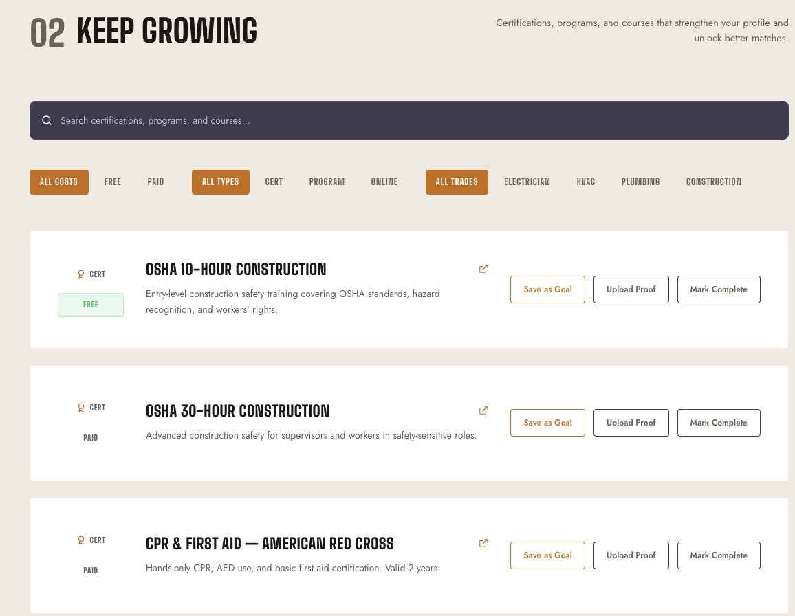 Keep Growing screen showing certifications, programs, and courses