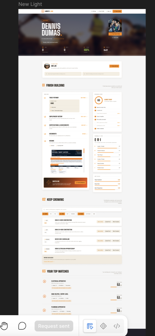 Light dashboard preview showing finish building, keep growing, and top matches