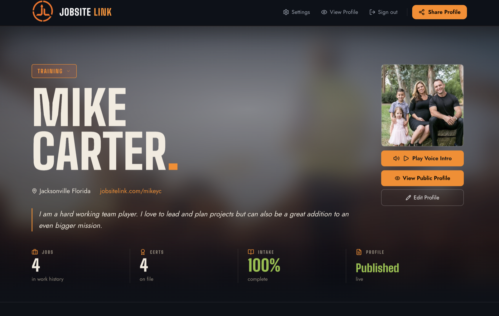 JobSite Link candidate profile with readiness and profile controls