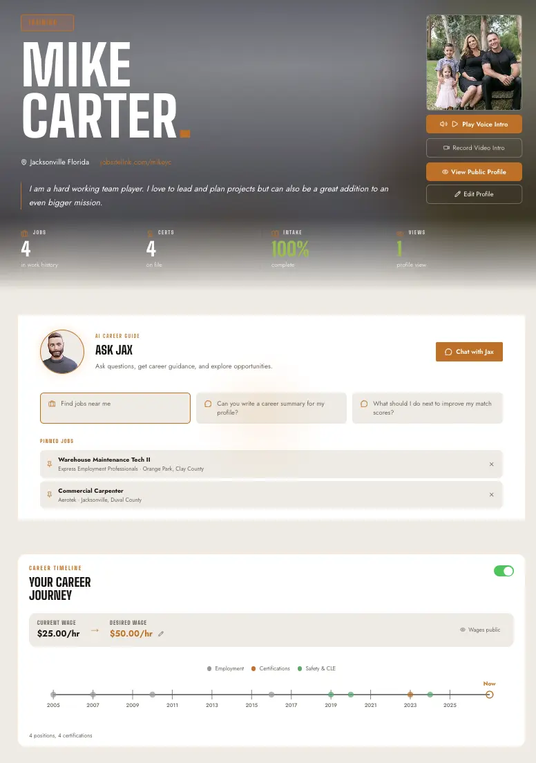 JobSite Link participant profile with career guidance, job matches, and career timeline