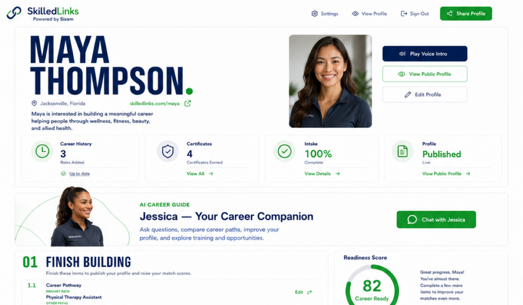 SkilledLinks profile dashboard with Jessica career companion and match reports