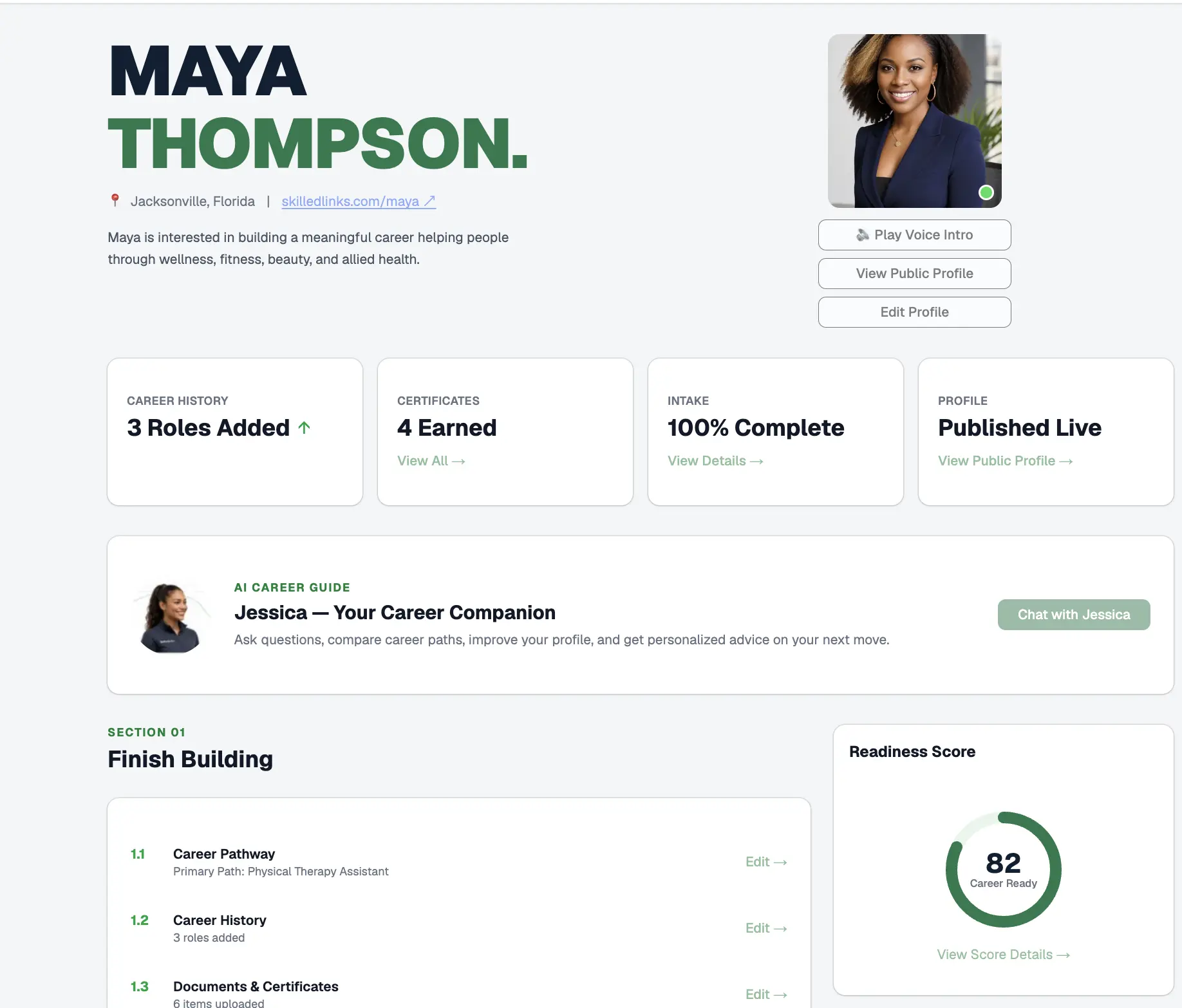 SkilledLinks participant profile with readiness score, career companion, and profile milestones