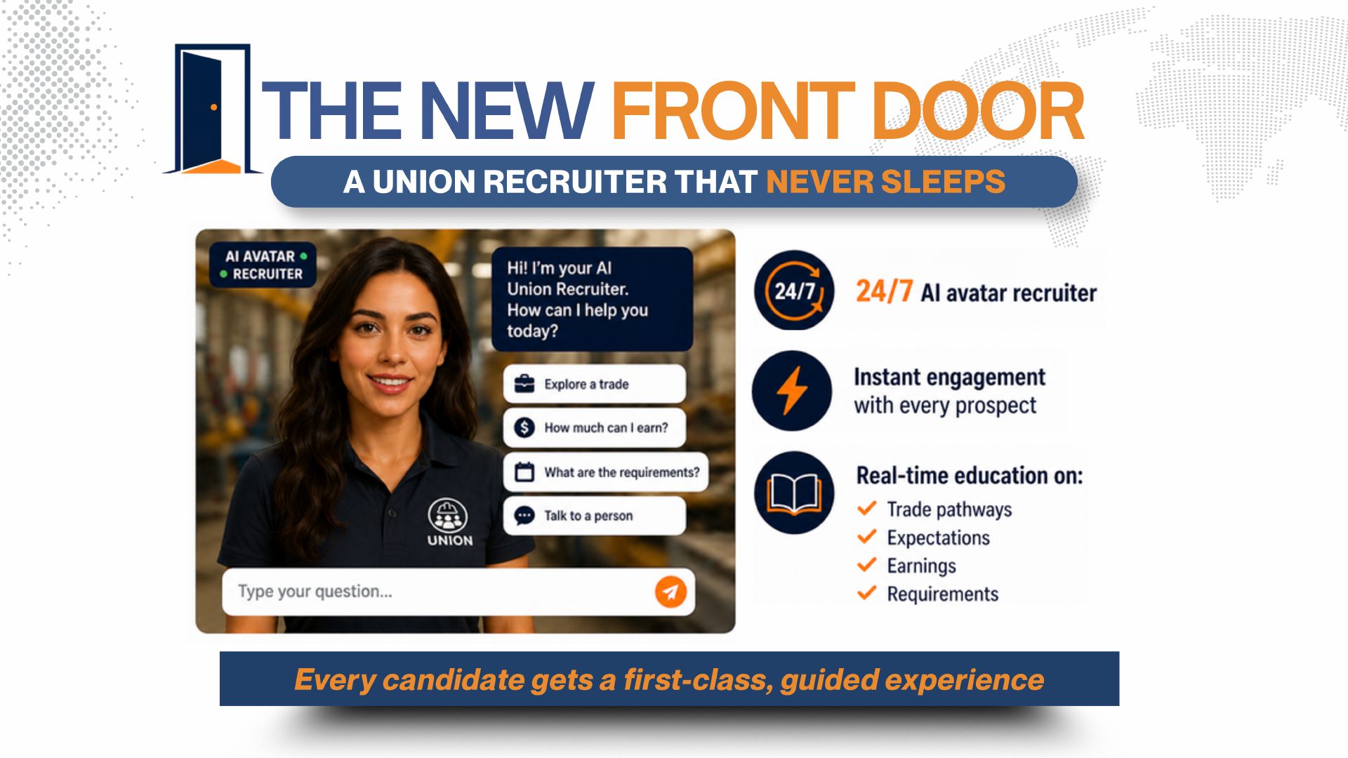 Union-branded AI avatar greeting a prospective member with quick-reply chat options.